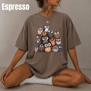 Puede incluir: Una camiseta de manga corta color espresso con un estampado gr&aacute;fico de un grupo de varios b&uacute;hos en tonos marrones, grises y blancos. La palabra Espresso est&aacute; impresa en blanco en la esquina superior izquierda de la prenda.