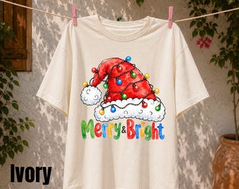 Comfort Colors® Merry Bright Shirt, Watercolor Santa Hat T-Shirt, String Lights Christmas Tee, Cute Holiday Gift Women