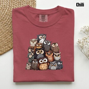 Puede incluir: Una camiseta de cuello redondo color chile con un estampado gr&aacute;fico de un gran grupo de b&uacute;hos en varios tonos de marr&oacute;n, gris y blanco. La camiseta tiene una etiqueta de la marca Comfort Colors en el cuello interior y mangas cortas.