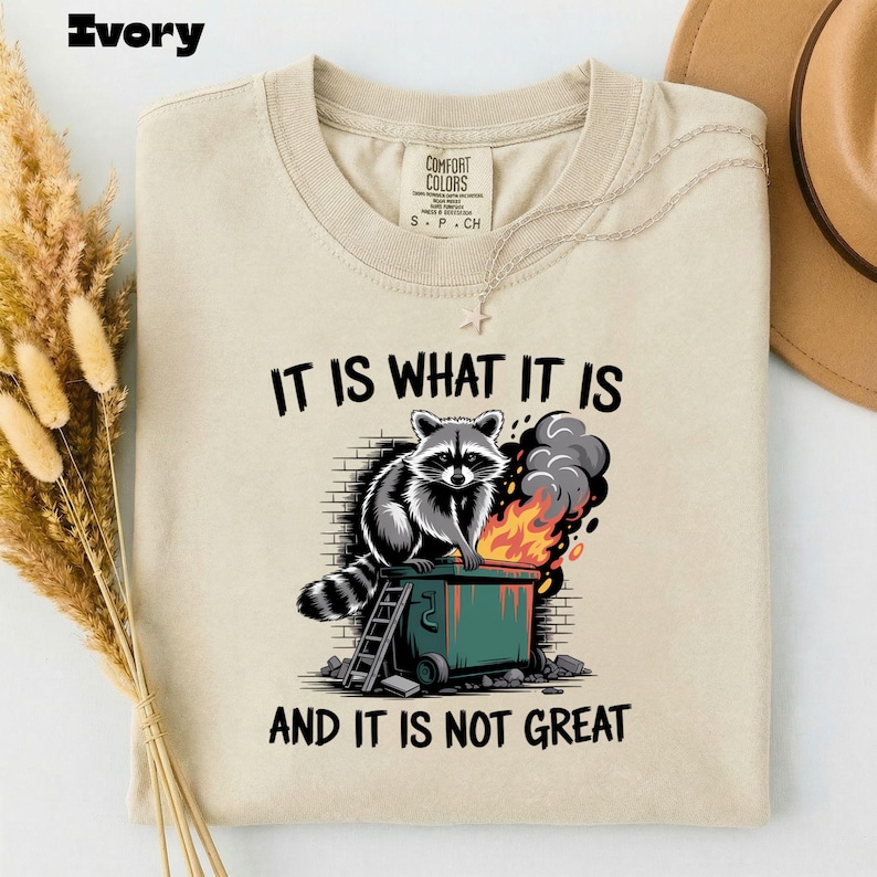May include: Ivory-colored t-shirt with a graphic of a raccoon sitting on a dumpster fire. The text "IT IS WHAT IT IS AND IT IS NOT GREAT" is printed below the raccoon. The shirt has a crew neck and short sleeves.