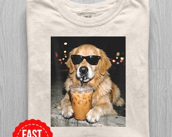 Camiseta divertida con un Golden Retriever bebiendo café helado, Camiseta divertida para hombres y mujeres, Regalo sarcástico, Camiseta con meme de perro, Camiseta novedosa y divertida
