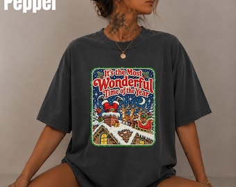 Comfort Colors® Wonderful Time Shirt, Retro Santa Chimney T-Shirt, Vintage Reindeer Sleigh Tee, Funny Christmas Gift Women