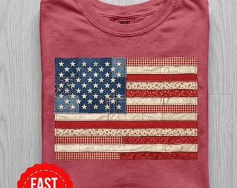 Camiseta vintage de patchwork con la bandera estadounidense, camiseta acolchada del 4 de julio, camiseta floral patriótica de los 250 años de EE. UU., ropa de verano para el Día de los Caídos.
