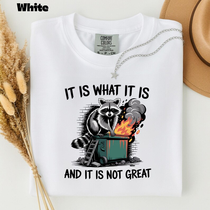 May include: White t-shirt with a graphic of a raccoon sitting on a dumpster fire. The text reads "IT IS WHAT IT IS AND IT IS NOT GREAT". The shirt has a crew neck and short sleeves.