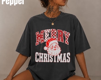 Camiseta navideña Comfort Colors® Merry Christmas Santa, camiseta navideña roja retro, camiseta vintage de Papá Noel, camiseta navideña de lunares, regalo de Navidad