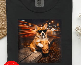 Camiseta divertida de Corgi con diseño de té de burbujas, camiseta vintage con meme de perro, regalo adorable para mamás de Corgi, camiseta estética de té de burbujas y café helado, ropa genial para perros