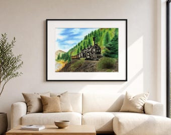 11x14" Durango Train Drawing • Soft Pastel Colorado Mountain Art • Vintage Steam Locomotive Wall Decor