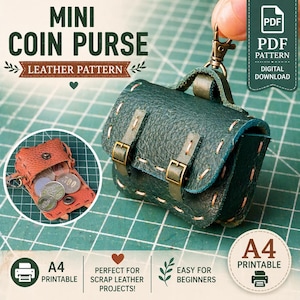 Puede incluir: Un mini monedero de cuero verde azulado con hebillas de latón y costuras blancas. El bolso tiene un asa y una solapa pequeña. La imagen también muestra un monedero de cuero marrón más pequeño y abierto lleno de monedas. El texto de la imagen dice "MINI COIN PURSE LEATHER PATTERN".