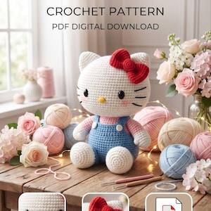 May include: A crochet pattern PDF digital download titled CUTE KITTY CROCHET PATTERN PDF DIGITAL DOWNLOAD. The image features a white crocheted cat doll with a red bow, wearing blue overalls, surrounded by yarn balls, flowers, and two crochet hooks.