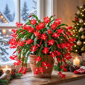 May include: A vibrant Schlumbergera, commonly known as a Christmas cactus, features numerous bright red, star-shaped flowers blooming on segmented green stems. The plant is housed in a round, textured terracotta pot with decorative leaf patterns.