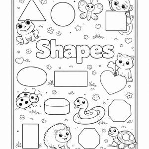 May include: Black and white illustration of a learning activity sheet with the word "Shapes" and various shapes like a triangle, circle, and rectangle. Cute animal illustrations, including a frog, butterfly, and cat, are also present.