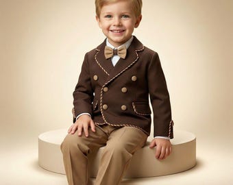 Conjunto de traje para niño pequeño, traje formal marrón, portador de anillos de boda, pajarita incluida