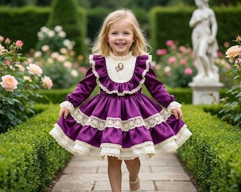 Vestido morado para niña hecho a mano, estilo vintage con encaje y volantes, para niña de las flores, ideal para ocasiones especiales.