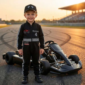 May include: A young child in a black racing suit and cap stands next to a black go-kart on a racetrack. The suit has checkered accents, the name "Romeo" and the number "4". The cap features a checkered flag design.