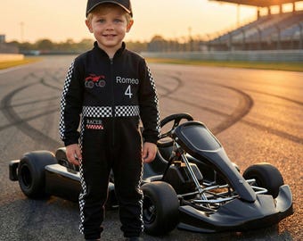 Mono de carreras para niños pequeños - Traje de carreras negro personalizado - Traje de primer cumpleaños con temática de carreras - Bordado de nombre personalizado