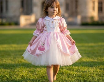Vestido de princesa rosa hecho a mano para niñas, disfraz de hada estilo vintage, vestido de tul para fiesta de cumpleaños.