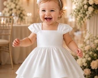 White Satin Square Neck Flower Girl Dress with Tiered Skirt, Elegant Toddler Birthday Party Gown for Kids