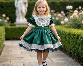 Vestido verde vintage hecho a mano para niña pequeña, con cuello de encaje, para fiesta de cumpleaños, de satén, estilo retro.