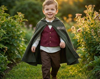 Traje de bebé portador de anillos: traje medieval hecho a mano, chaleco, camisa, pantalones y capa. Disfraz para la Feria del Renacimiento, Halloween y primer cumpleaños.