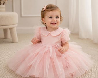 Conjunto para niña de las flores, vestido hecho a mano con plumas, conjunto de mariposa rosa.