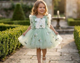 Vestido de niña de las flores hecho a mano, vestido de tul verde claro para ocasiones especiales, tutú con apliques de mariposa, atuendo para boda de primavera.
