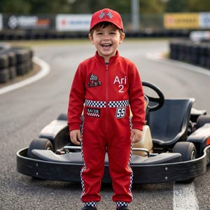 Combinaison voiture de course rouge personnalisée, tenue de course pour petit garçon, costume sur le thème de la course pour 1er anniversaire, costume brodé personnalisé