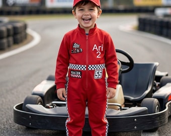 Mono rojo personalizado de carreras, traje de carreras para niño pequeño, disfraz con temática de carreras para el primer cumpleaños, traje bordado a medida.