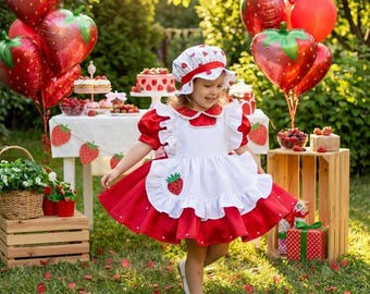 Vestido de cumpleaños de fresa, atuendo dulce para niña pequeña, vestido rojo con gorro, disfraz con temática de frutas, accesorio para fotos de pastel aplastado