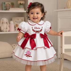 red and white dress for baby Buy SABIR DRESSES Girls Cotton Knee Sleeve (White-Red_18-24 Months) at 100% light ivory cotton gauze 100% light ivory cotton lining Light ivory floral embroidered netting lace Red velvet ribbon sash Button closure Red 1st Birthday Dress, Tutu