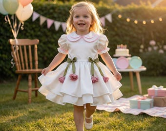 Vestido floral blanco y rosa para niña, traje personalizado para primer cumpleaños, elegante vestido de invitada de boda para niñas pequeñas, disfraz de princesa hecho a mano.
