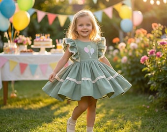 Vestido de niña para su primer cumpleaños, color verde salvia con volantes, vestido de fiesta de verano con bordado de globos, regalo de cumpleaños para niña.