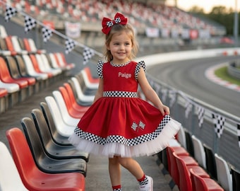 Vestido de cumpleaños personalizado de coche de carreras para niñas, conjunto de tutú con bandera a cuadros roja, disfraz para fiesta de cumpleaños número 1 y 2 con temática de carreras, nombre personalizado