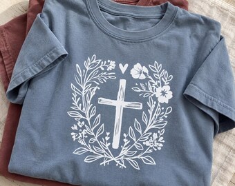 Floral Cross Christian Shirt, Botanical Faith T-Shirt, Vintage Inspired Religious Tee, Christian Gift for Women, Unisex Comfort Colors Tee