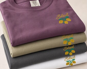 Embroidered Lemon Comfort Colors Shirt, French Aesthetic Tee, Cute Fruit Embroidery Shirt, Gift for Her, Minimalist Summer Graphic Tshirt