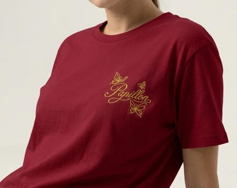 Embroidered Butterfly Shirt, Elegant Coquette T Shirt, Papillon Tee, Gold Thread Embroidered Tee, Feminine Minimal Shirt, Gift for Her