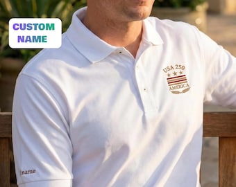 Personalized USA 250 Embroidered Polo, America 250th Anniversary Shirt, Custom Sleeve Initials, Patriotic Golf Polo Gift, Gift For Him Her