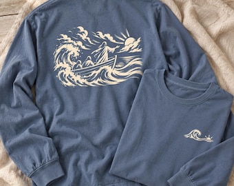 Christian Long Sleeve Tee, Peace in the Storm Faith Shirt, Biblical Art Gift for Men and Women, Sailboat Wave Illustration Long Sleeve Tee