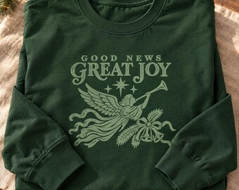Christian Christmas Shirt, Good News Great Joy Long Sleeve Tee, Vintage Angel Holiday Shirt, Religious Faith Christmas Gift