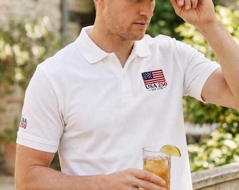 Embroidered American Flag Cotton Polo, USA 250 Polo Shirt, Patriotic Golf Shirt, 4th of July Polo, Gift for Him, Men's Polo