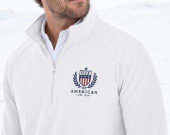 Embroidered USA Quarter-Zip Pullover, American Flag Crest, Country Club Style, Golf Tennis Aesthetic, Minimalist Luxury