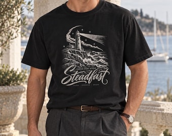 Steadfast Christian Shirt, Vintage Lighthouse Faith T Shirt, Mens Christian Graphic Tee, Coastal Religious Gift for Him