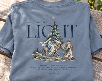 Christian Christmas Shirt, Follow the Light Watercolor Nativity Unisex Garment Dyed T-Shirt