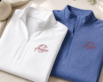 Embroidered America Eagle Quarter Zip Pullover, Patriotic Sweatshirt, Minimal USA Shirt, Fourth of July Gift, American Eagle Pullover