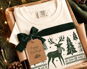 Nordic Christmas T-Shirt, Vintage Woodland Holiday Tee, Minimal Forest Graphic T Shirt, Cozy Christmas Gift, Unisex Winter Tee