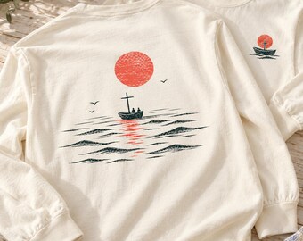 Christian Long Sleeve Shirt, Cross and Boat Graphic Tee, Coastal Faith Shirt, Unisex Christian Gift