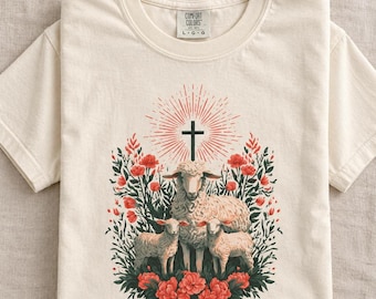 Christian Lamb Floral T-Shirt, Vintage Faith Graphic Tee, Oversized Religious Gift for Women