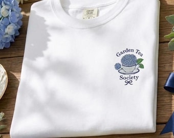 Embroidered Garden Tea Society T- Shirt, Hydrangea Tea Tee, Afternoon Tea Shirt, Old Money Country Club Sweatshirt, Tea Lover Gift