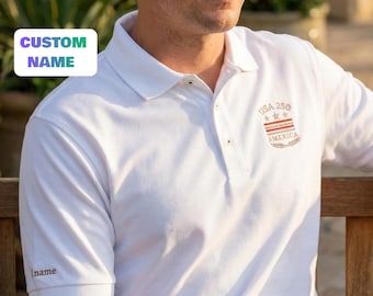 Personalized USA 250 Embroidered Polo, America 250th Anniversary Shirt, Custom Sleeve Initials, Patriotic Golf Polo Gift, Gift For Him Her
