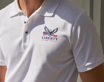 Embroidered Liberty Polo Shirt, Patriotic Eagle Shirt, USA 1776 Polo, American Flag Shirt, Fourth of July Gift, Men's Classic Polo