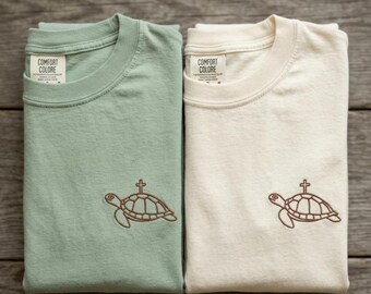 Embroidered Christian Cross Turtle Tee, Aesthetic Faith Based Clothing, Vintage Comfort Soft Religious Shirt, Fine Stitching Scripture Top